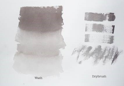 Examples of watercolor painting techniques: on the left, a wash. On the right, dry brush effects.